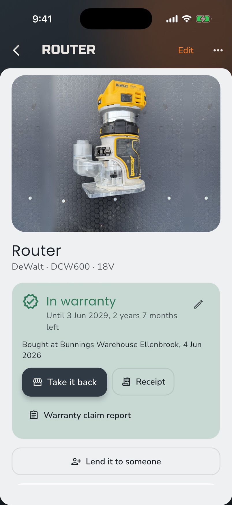 A tool in ToolProof showing it is in warranty